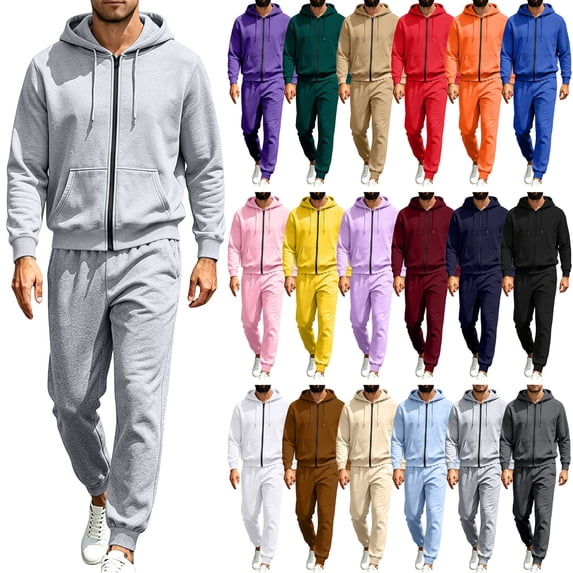 Zip Up Tracksuit Outfits Sets for Men 2 Piece,Full Zip Hooded Jacket and Jogger Sweatpants,Solid Color Casual Athletic Set,Fall Tracksuit,Spring Outfits
