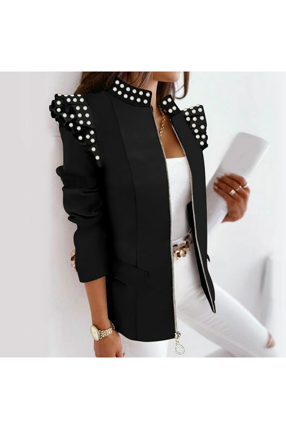 Zip Up Blazer Jacket for Women Business Dressy Ruffled Long Sleeve Blazer Slimming Casual Office Blazer Jackets