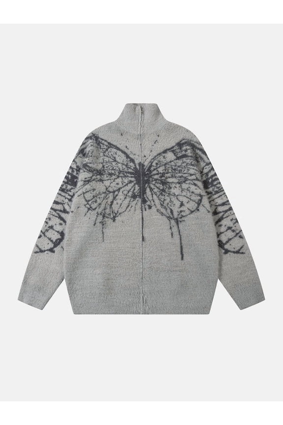 Zip Up Butterfly Print Cardigan Sweater Y2K Goth Grunge Vintage Oversized Knitted Baggy Coat