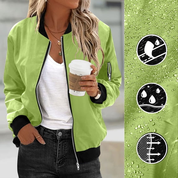 Zip Up Casual Jacket for Women Oversized Long Sleeve Coat Light Windbreaker With Ribbed Cuffs Pockets Fluorescent Green XL