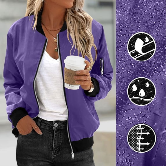 Zip Up Casual Jacket for Women Oversized Long Sleeve Coat Light Windbreaker With Ribbed Cuffs Pockets Purple L