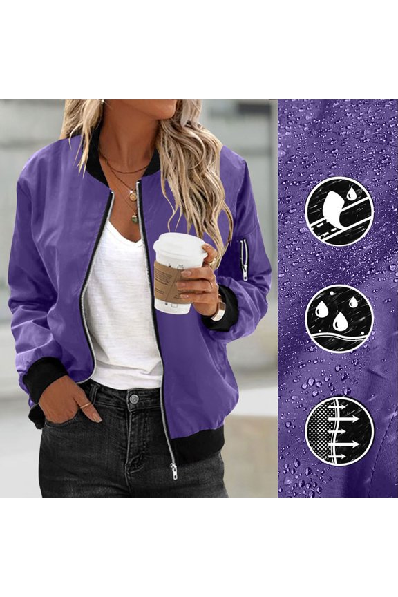 Zip Up Casual Jacket for Women Oversized Long Sleeve Coat Light Windbreaker With Ribbed Cuffs Pockets Purple S