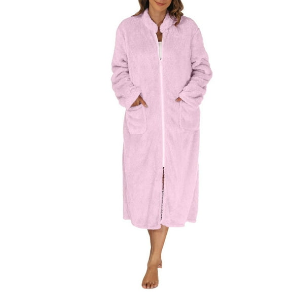 Zip Up Fleece Warm Bathrobes for Women Thick Sherpa Loungewear with Pockets Casual Winter Soft Bath Robes for Holiday Resort