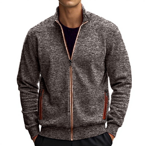 Zip Up Heathered Athletic Jacket for Men Long Sleeve Stand Collar Thin Coat Trendy Fall Casual Comfy Outerwear with Pocket Coffee M