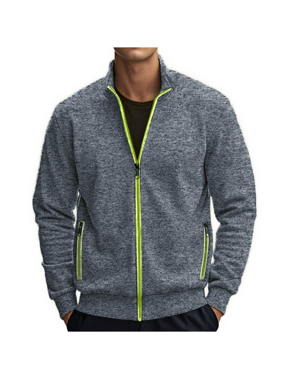 Zip Up Heathered Athletic Jacket for Men Long Sleeve Stand Collar Thin Coat Trendy Fall Casual Comfy Outerwear with Pocket Gray 3XL