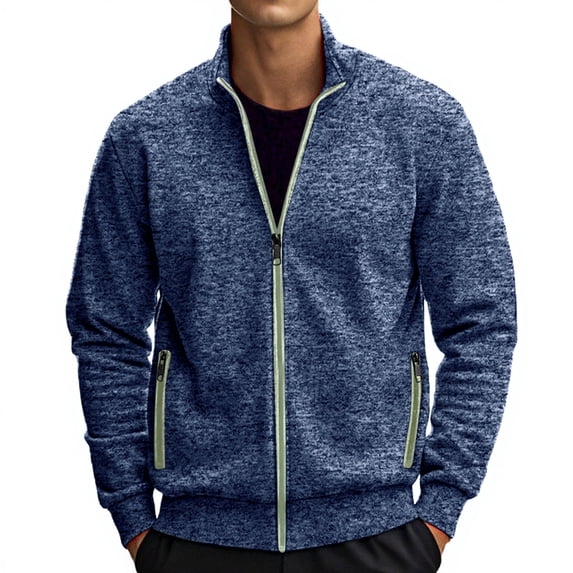 Zip Up Heathered Athletic Jacket for Men Long Sleeve Stand Collar Thin Coat Trendy Fall Casual Comfy Outerwear with Pocket Navy L
