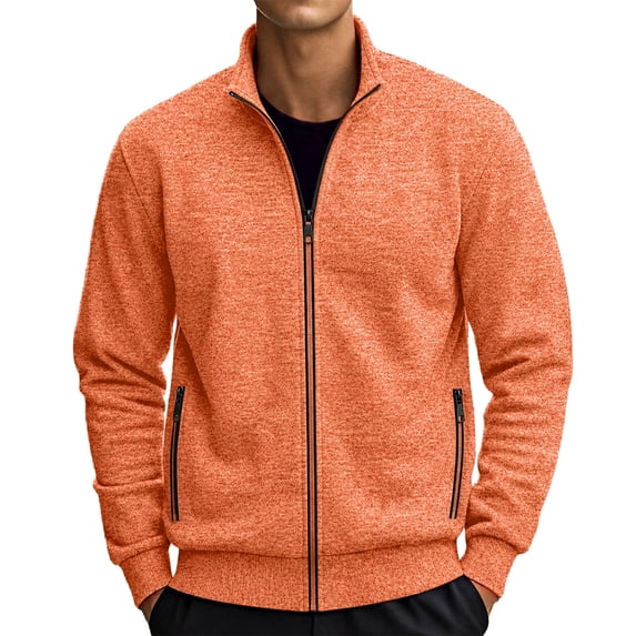 Zip Up Heathered Athletic Jacket for Men Long Sleeve Stand Collar Thin Coat Trendy Fall Casual Comfy Outerwear with Pocket Saffron 3XL