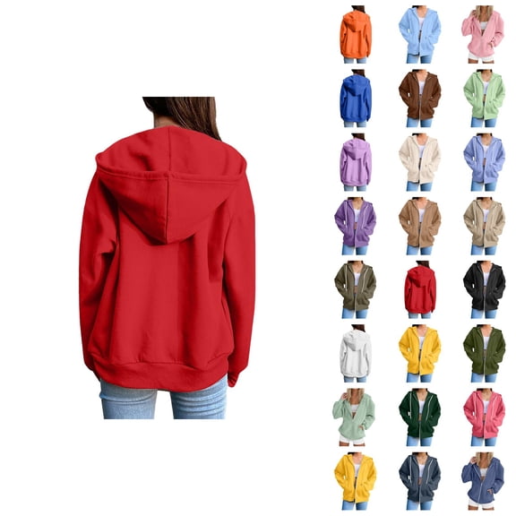 Zip Up Hooded Jacket for Women 2025 Long Sleeve Casual Plain Sweatshirt Hoodie with Pockets Coat Outerwear