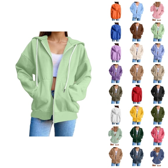 Zip Up Hooded Jacket for Women 2025 Long Sleeve Casual Plain Sweatshirt Hoodie with Pockets Coat Outerwear