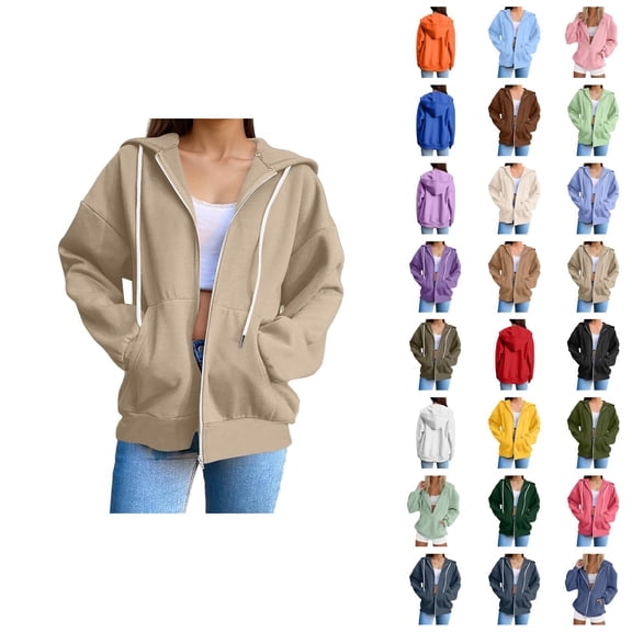 Zip Up Hooded Jacket for Women 2025 Long Sleeve Casual Plain Sweatshirt Hoodie with Pockets Coat Outerwear