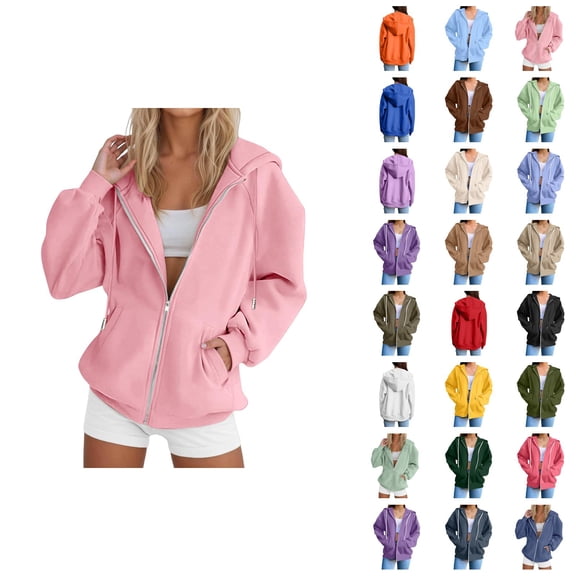 Zip Up Hooded Jacket for Women 2025 Long Sleeve Casual Plain Sweatshirt Hoodie with Pockets Coat Outerwear