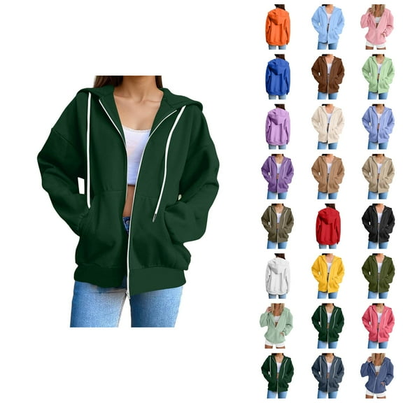 Zip Up Hooded Jacket for Women 2025 Long Sleeve Casual Plain Sweatshirt Hoodie with Pockets Coat Outerwear
