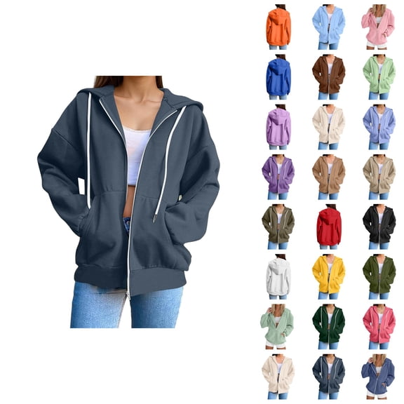 Zip Up Hooded Jacket for Women 2025 Long Sleeve Casual Plain Sweatshirt Hoodie with Pockets Coat Outerwear