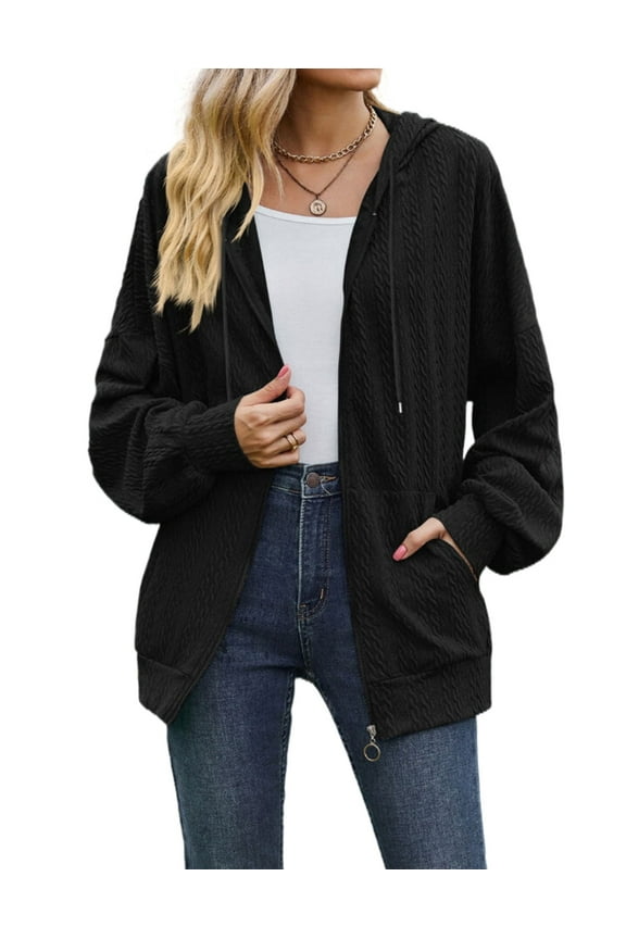 Zip Up Hoodie Black Drawstring Hooded Sweatshirts Jacket with Pocket Alsol Lamesa