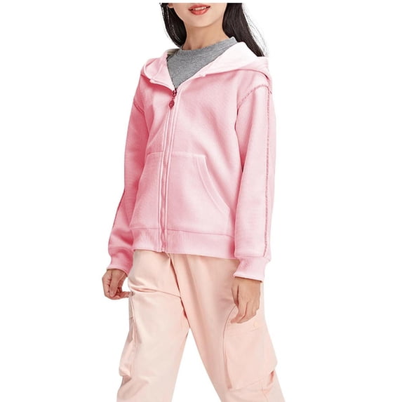 Zip Up Hoodie Jacket for Girls 3-15 Years Waffle Knit Hooded Sweatshirt Fall Casual Outerwear Coat with Pocket (14 Years, Pink)