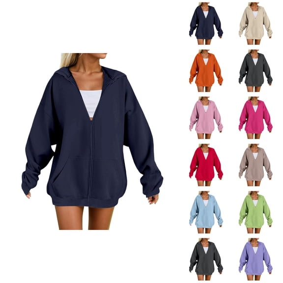 Zip Up Hoodie Long Sleeve Solid Plain Jacket Hooded Sweatshirt with Pockets Pullover Essentials Hoodies for Women