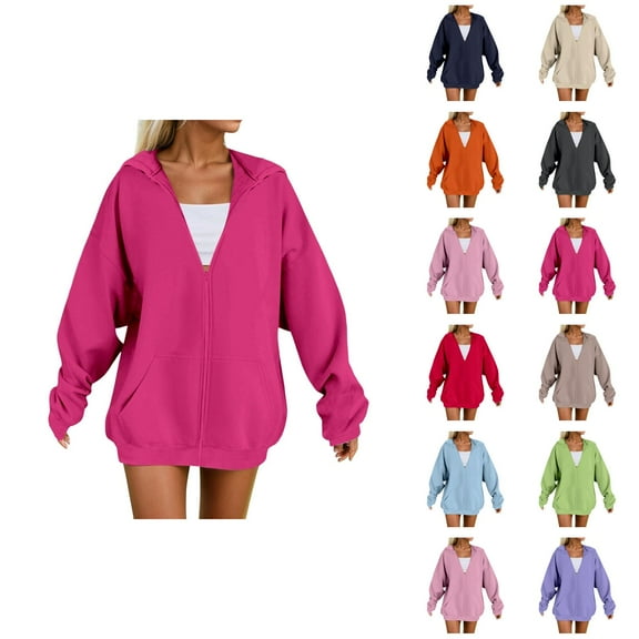 Zip Up Hoodie Long Sleeve Solid Plain Jacket Hooded Sweatshirt with Pockets Pullover Essentials Hoodies for Women