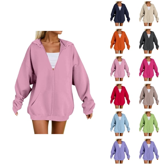 Zip Up Hoodie Long Sleeve Solid Plain Jacket Hooded Sweatshirt with Pockets Pullover Essentials Hoodies for Women