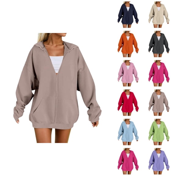 Zip Up Hoodie Long Sleeve Solid Plain Jacket Hooded Sweatshirt with Pockets Pullover Essentials Hoodies for Women