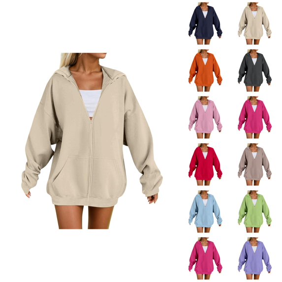 Zip Up Hoodie Long Sleeve Solid Plain Jacket Hooded Sweatshirt with Pockets Pullover Essentials Hoodies for Women