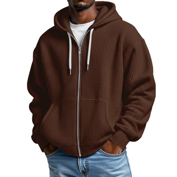 Zip Up Hoodie Men 2026 Fall Winter, Long Sleeve Waffle Knit Full Zipper Hooded Sweatshirt with Pockets, Casual Pullover Top for Daily Wear Brown S