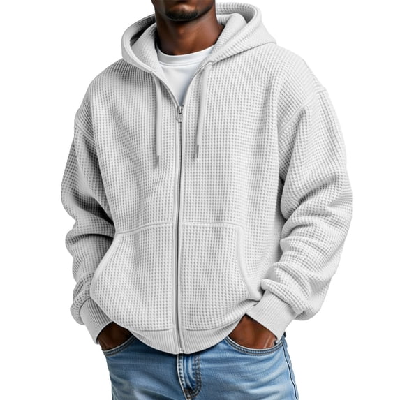 Zip Up Hoodie Men 2026 Fall Winter, Long Sleeve Waffle Knit Full Zipper Hooded Sweatshirt with Pockets, Casual Pullover Top for Daily Wear White XL