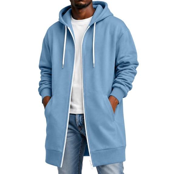 Zip Up Hoodie Men Casual Long Sleeve Hoodie Long Jacket Fleece Lined Work Daily Athletic Sweatshirts with Pockets Light Blue XL