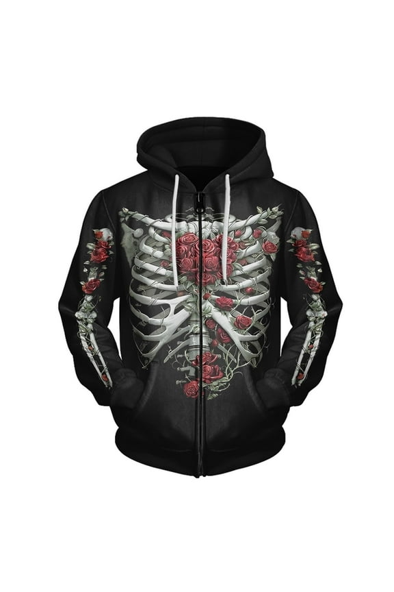 Zip Up Hoodie Men Classic Fit Gothic Skeleton Print Long Sleeve Hoodie Fall Winter Casual Graphic Hoodies for Men