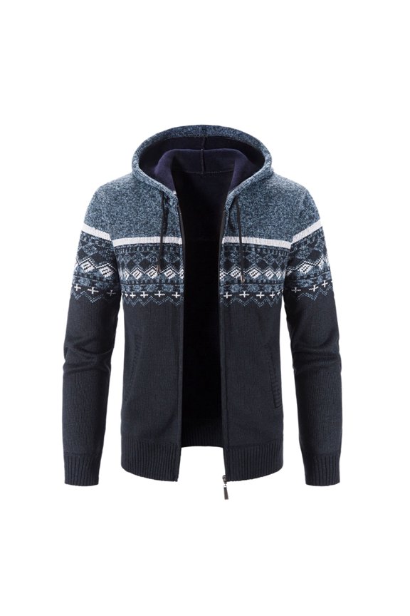 Zip Up Hoodie Men Fall Winter Cardigan Sweaters Hooded Thick Knitted Full Zip Jacket with Fair Isle Pattern Men Hoodies
