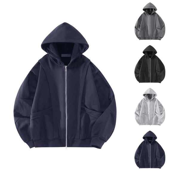 Zip Up Hoodie Men Fall Winter Long Sleeve Plain Oversized Hooded Sweatshirt with Pockets Cardigan Jacket Outerwear