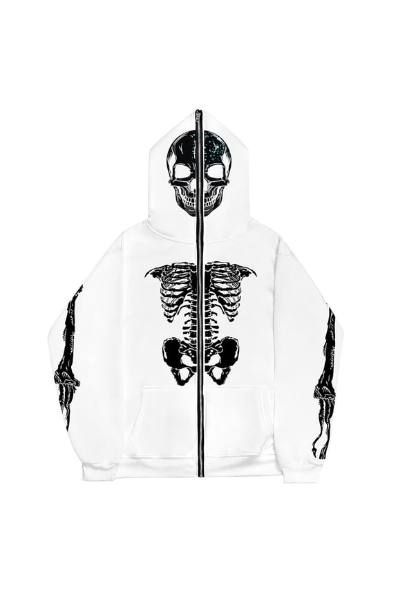 Zip Up Hoodie Men Glow In The Dark Gothic Skull Print Full Zip Pocket Halloween Hooded Jacket Mens Sweatshirt 2 L