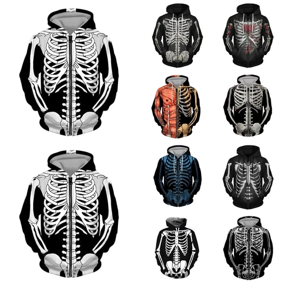 Zip Up Hoodie Men Halloween Gothic Skeleton Print Long Sleeve Hoodie Streetwear Classic Fit Cozy Fall Winter Hoodies Y2K Black XXL
