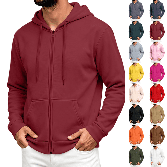 Zip Up Hoodie Men Long Sleeve Lightweight Solid Color Plain Hooded Sweatshirts Casual Fall Spring Track Jackets