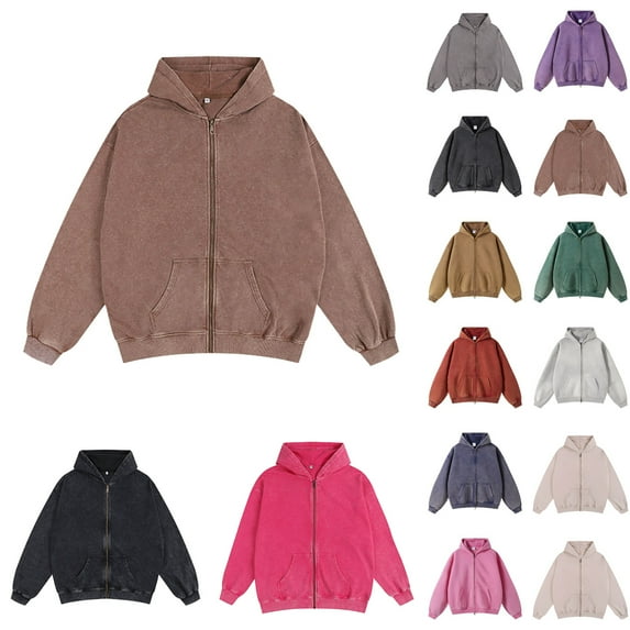 Zip Up Hoodie Men Solid Color Hip Hop Y2K Oversize Wash Old Craft Basic Hoodies Heavyweight Relaxed Fit Casual Streetwear Hoodies for Men Black XL