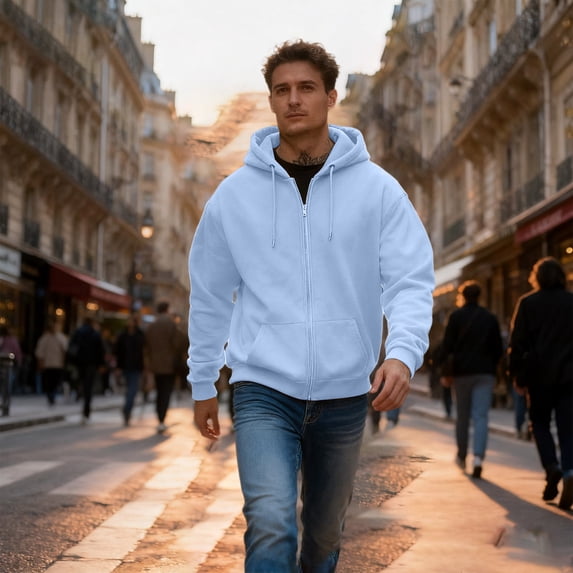 Zip Up Hoodie Men Sweatshirt Casual Big and Tall Hooded Sweatshirt with Pockets Light Blue M