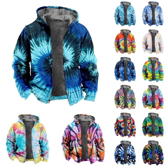 Zip Up Hoodie Men Tie Dye Fleece Lined Long Sleeve Heavyweight Hooded Jacket with Pocket Fall Winter Classic Fit Hoodie for Men