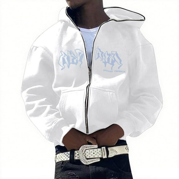 Zip Up Hoodie Men Versatile Letter Print Long Sleeve Hoodies Streetwear Hooded Jacket Fall Loose Mens Hoodies