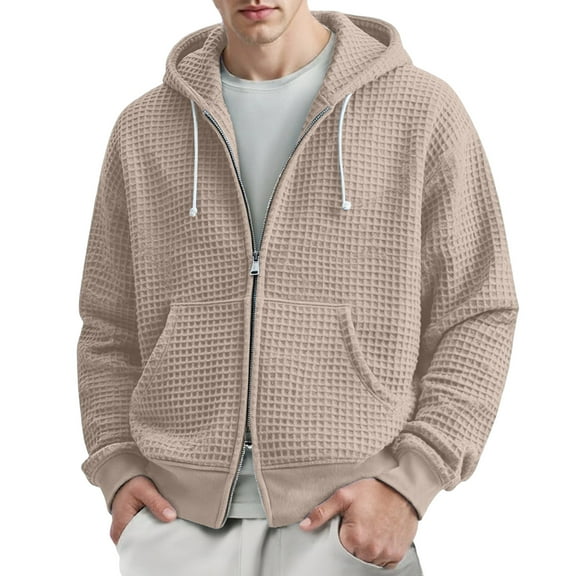 Zip Up Hoodie Men Waffle Full Zip Long Sleeve Knit Sweatshirt Casual Loose Drawstring Hood Stretch Knit Sweaters Fashion Outwear