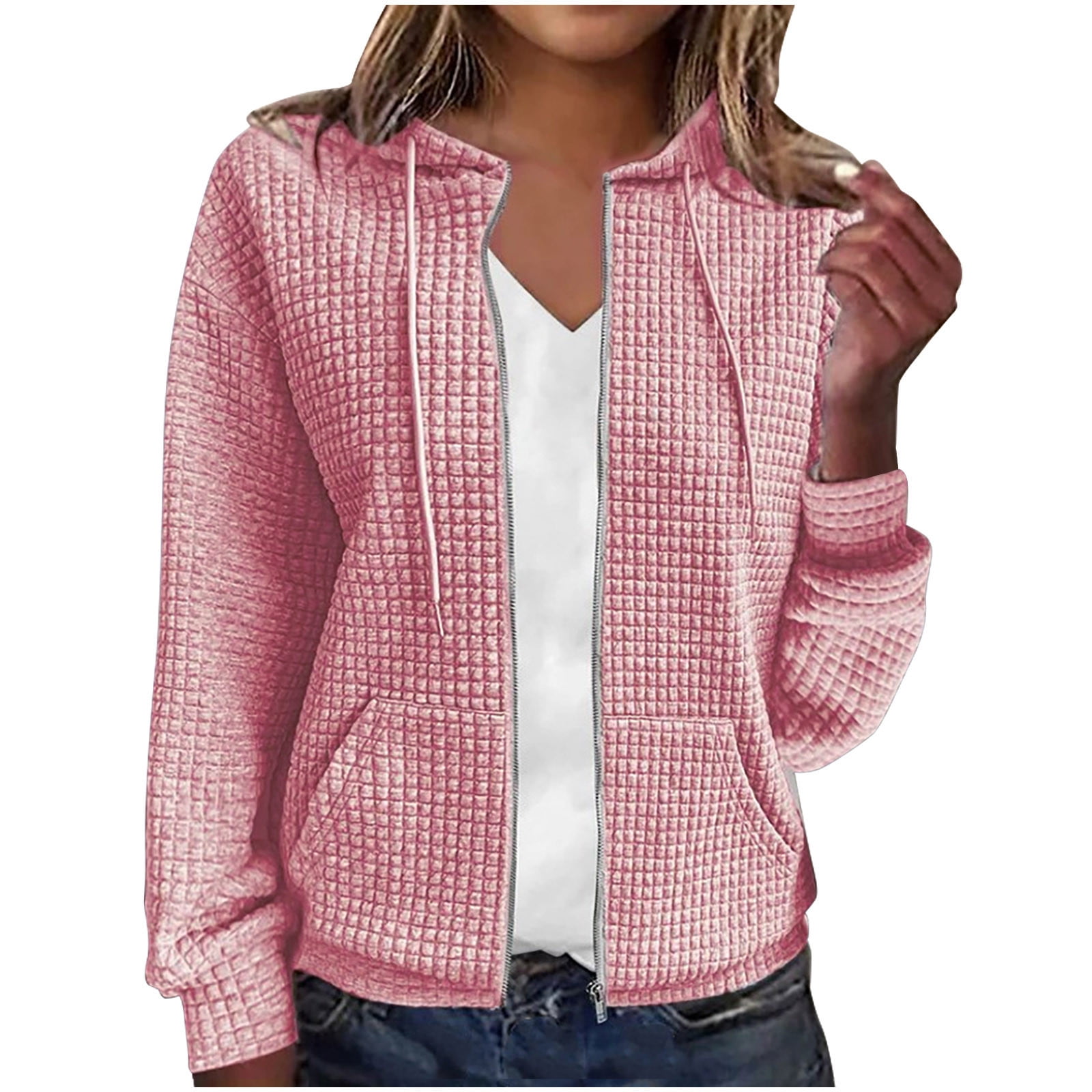 Waffle-Knit Drawstring Zip Up Hoodie