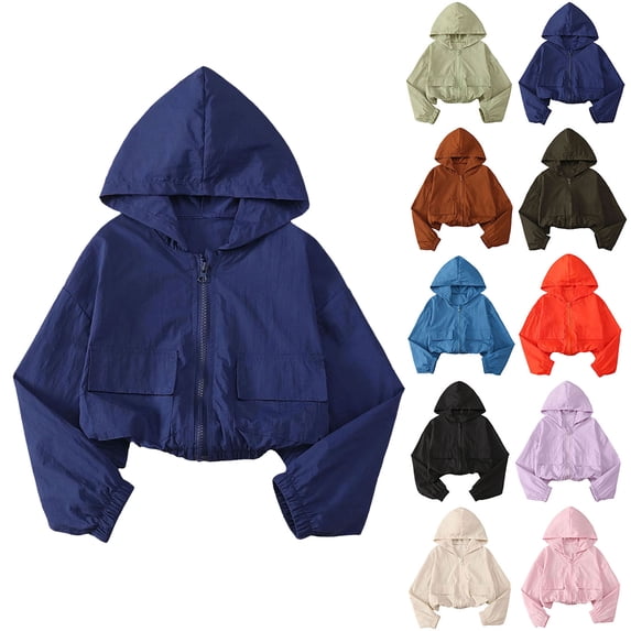 Zip Up Hoodie Spring/Summer Fashionable And Versatile Lightweight Hooded Girls' Solid Color Jacket Navy 5 Years