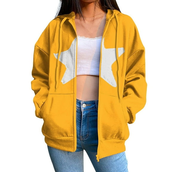 Zip Up Hoodie Star Oversized Sweatshirt for Women Trendy Streetwear Drawstring Hooded Jacket with Pockets