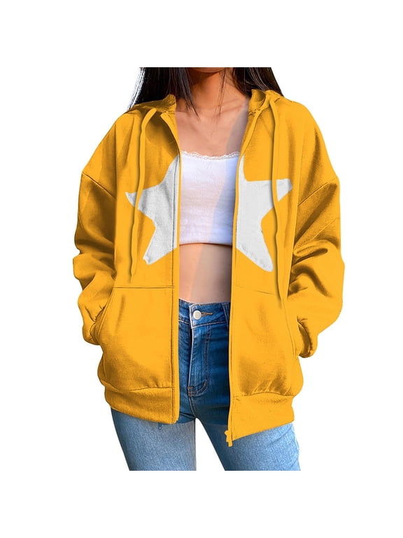 Zip Up Hoodie Star Oversized Sweatshirt for Women Trendy Streetwear Drawstring Hooded Jacket with Pockets