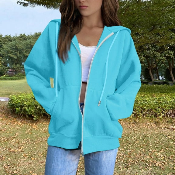 Zip Up Hoodie Women 2025 Fashion Oversized Womens Sweatshirt Casual Fall Jackets With Pockets Winter Clothes Sky Blue 3XL