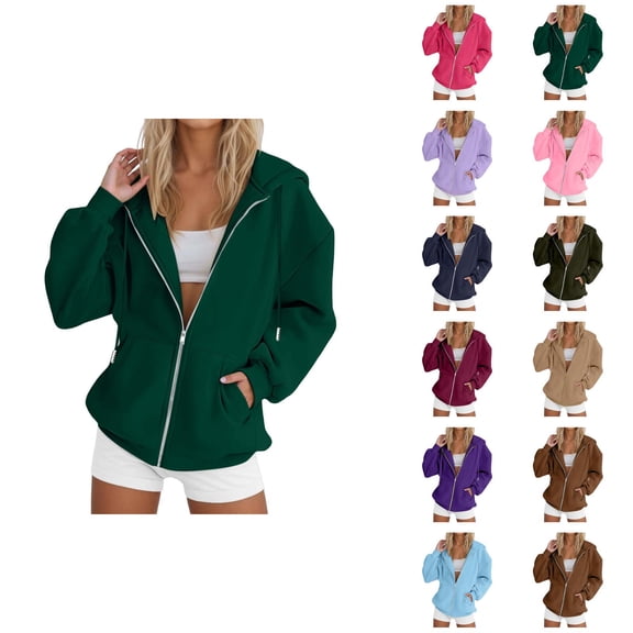 Zip Up Hoodie Women 2026 Fall Winter Plain Long Sleeve Casual Hooded Sweatshirt Jacket Coat Outerwear with Pockets