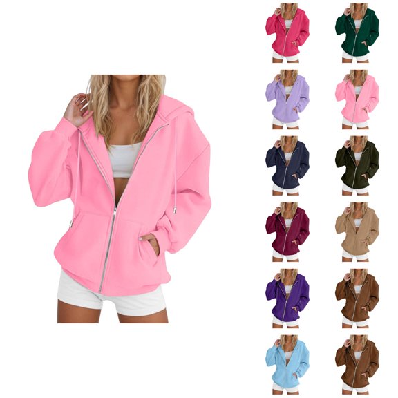 Zip Up Hoodie Women 2026 Fall Winter Plain Long Sleeve Casual Hooded Sweatshirt Jacket Coat Outerwear with Pockets