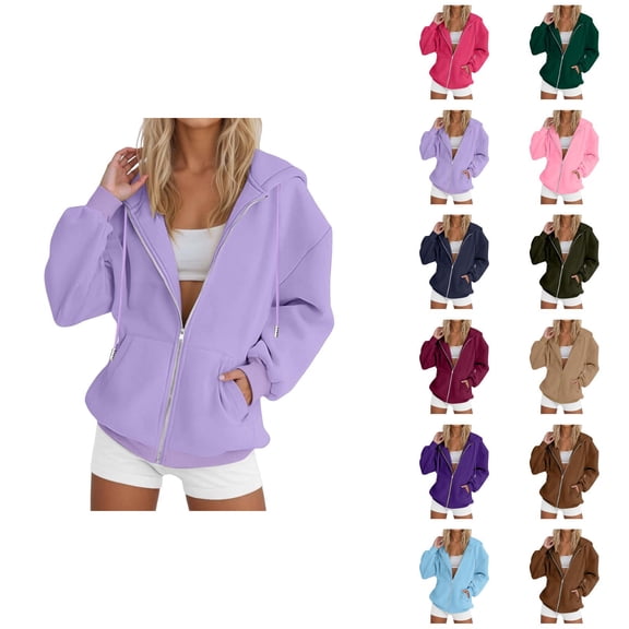 Zip Up Hoodie Women 2026 Fall Winter Plain Long Sleeve Casual Hooded Sweatshirt Jacket Coat Outerwear with Pockets