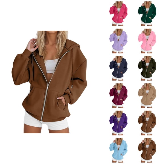 Zip Up Hoodie Women 2026 Fall Winter Plain Long Sleeve Casual Hooded Sweatshirt Jacket Coat Outerwear with Pockets