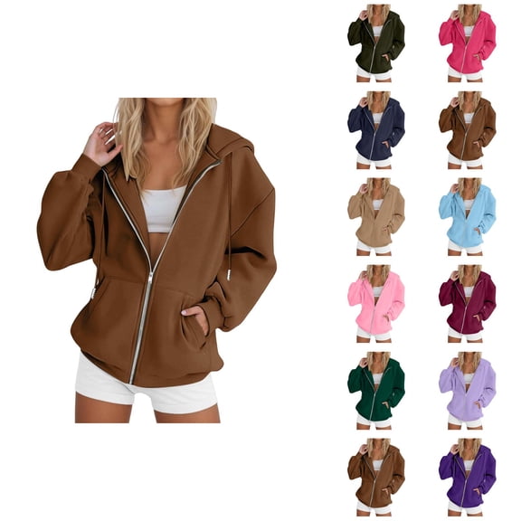 Zip Up Hoodie Women 2026 Fall Winter Solid Color Casual Long Sleeve Hoodie Sweatshirt Jacket Coat Outerwear with Pockets