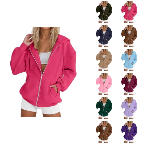 Zip Up Hoodie Women 2026 Fall Winter Solid Color Casual Long Sleeve Hoodie Sweatshirt Jacket Coat Outerwear with Pockets