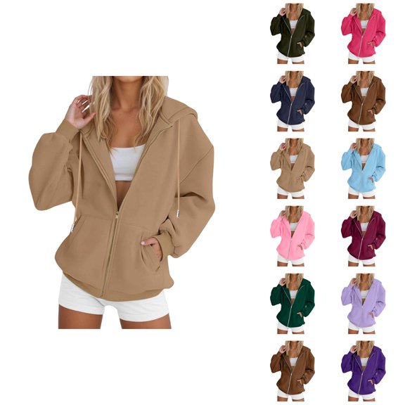 Zip Up Hoodie Women 2026 Fall Winter Solid Color Casual Long Sleeve Hoodie Sweatshirt Jacket Coat Outerwear with Pockets